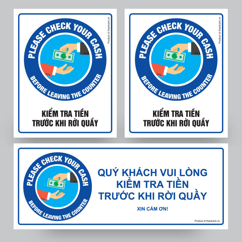 Biển báo nhắc nhở kiểm tra tiền trước khi rời quầy- Decal dán tường, dán kính - Tem Decal cảnh báo.