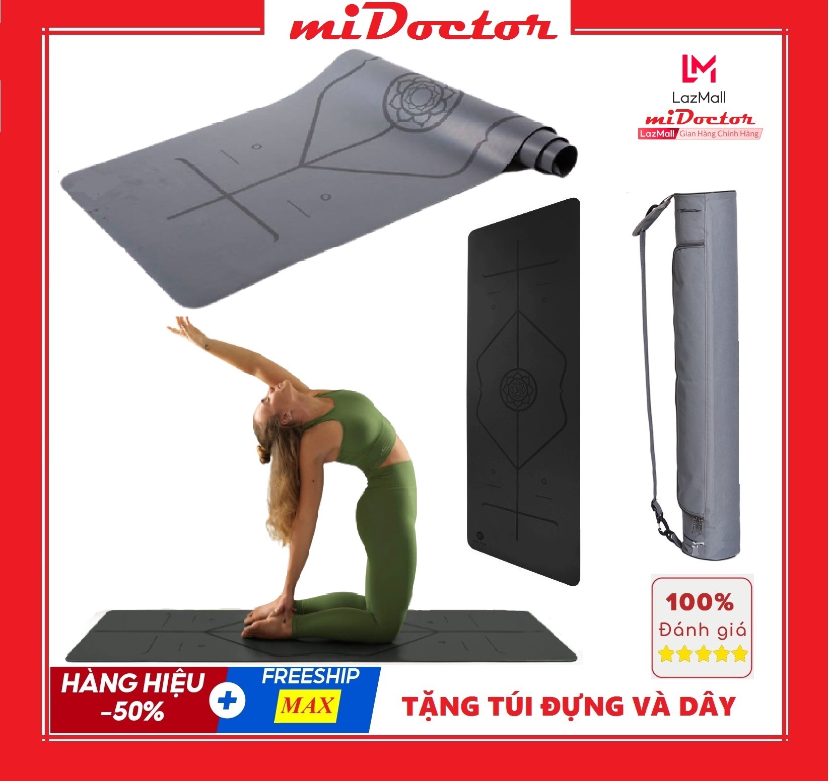 Thảm Tập Yoga Định Tuyến Cao Su PU Cao Cấp Chính Hãng miDoctor Màu Xám + Túi Đựng Thảm Tập Yoga PU Định Tuyến + Dây Buộc Thảm Yoga PU Định Tuyến