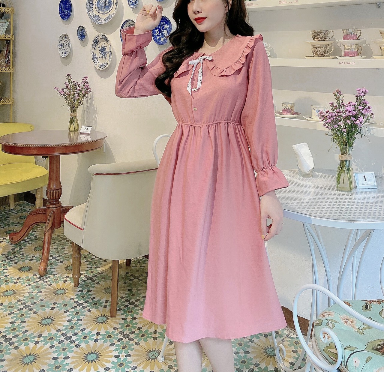 [Yến Trần] Đầm - Váy Xòe Baybedoll Cổ Sen, Thắt Eo, Chất Nhung Tăm Chuẩn Đủ 3 Màu, Hàng Bán Shop