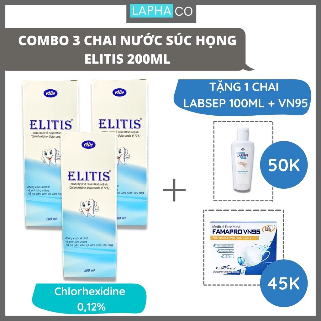 Combo 3 chai Nước súc miệng họng Elitis Chlorhexidine 012% dung tích 200ml