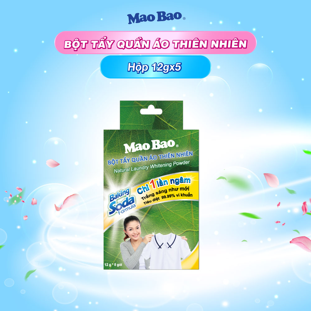 Bột tẩy quần áo thiên nhiên Baking Soda Mao Bao 12g x5 gói tẩy sạch quần áo trắng, chăn ga, trắng sáng, an toàn cho da