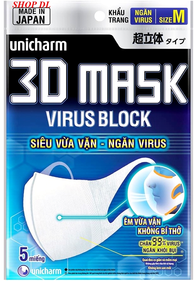 Khẩu Trang người lớn 3D Ngăn Virus Unicharm Mask Virus Block