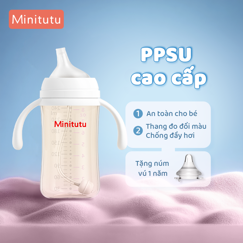  Minitutu PPSU Bình sữa và cốc đựng thức ăn dung tích lớn Thang đo nhiệt độ Chống rò rỉ và chống rơi 
