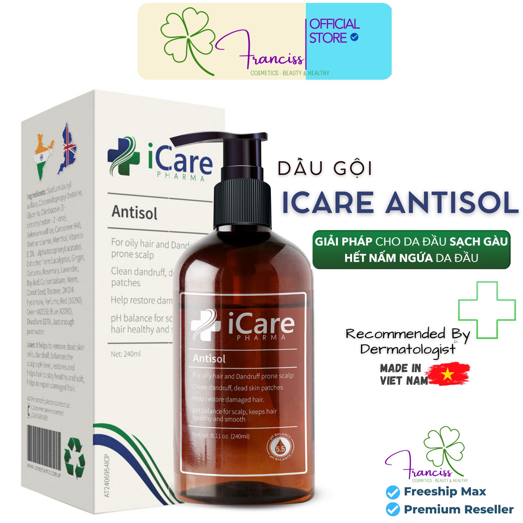  Dầu Gội iCare Pharma Antisol dược liệu pH 6.5 làm sạch gàu giảm ngứa và bết tóc 240ml 
