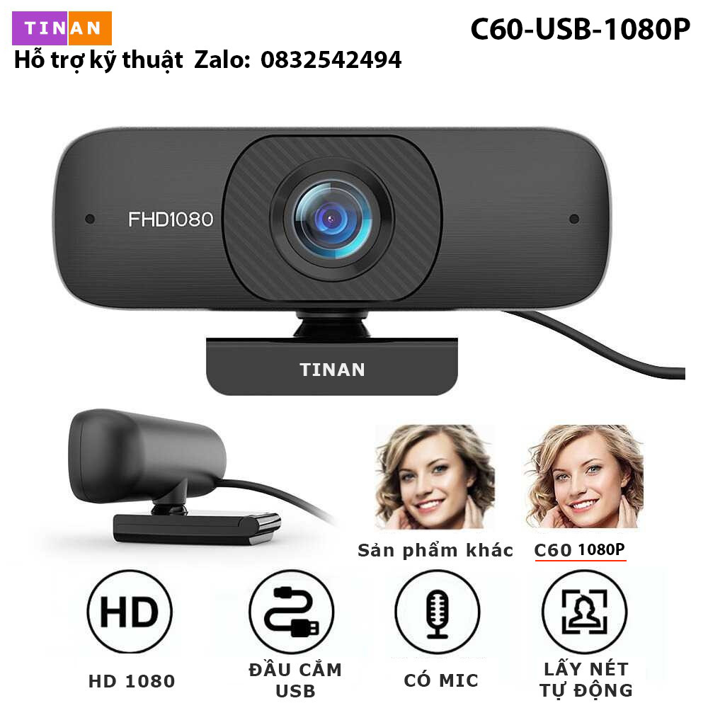 Webcam c60 1080p full hd kèm micro, xoay 360 độ, góc nhìn siêu rộng, phù hợp hội nghị online