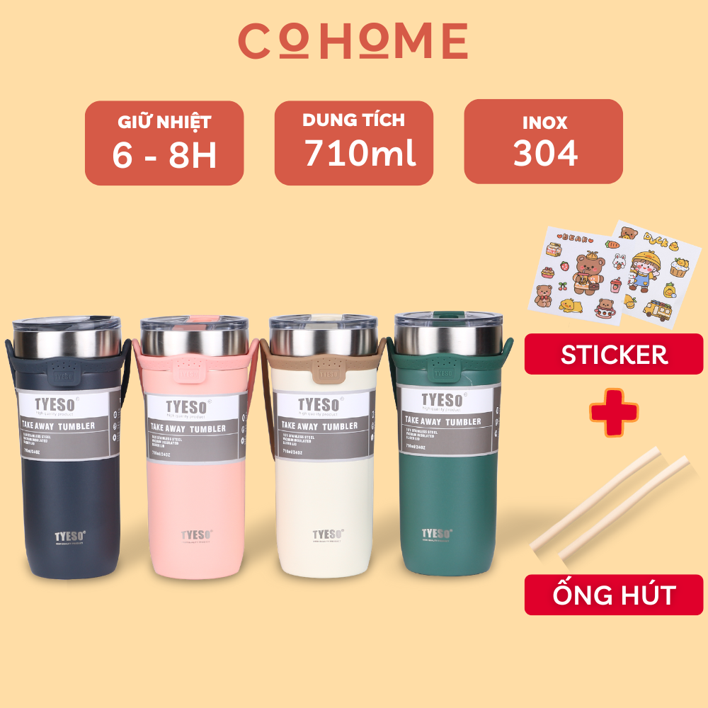 Ly giữ nhiệt 710ml có ống hút và stiker, bình nước inox 304 có quai cầm chắc chắn