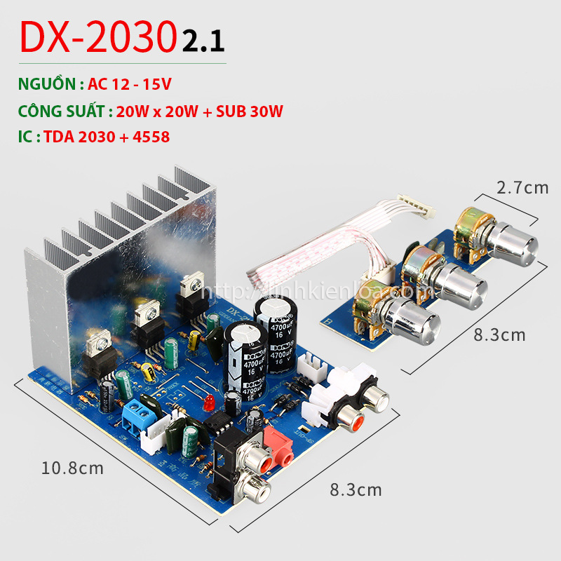 Mạch khuếch đại công suất 2.1 công suất 20w x 2 + sub 30w dùng ic tda 2030 nguồn 12v - 15v