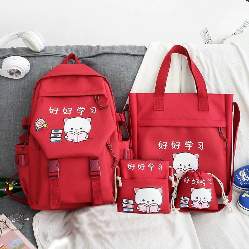 Balo Set 4 món thời trang sinh viên học sinh - mèo sách hoa