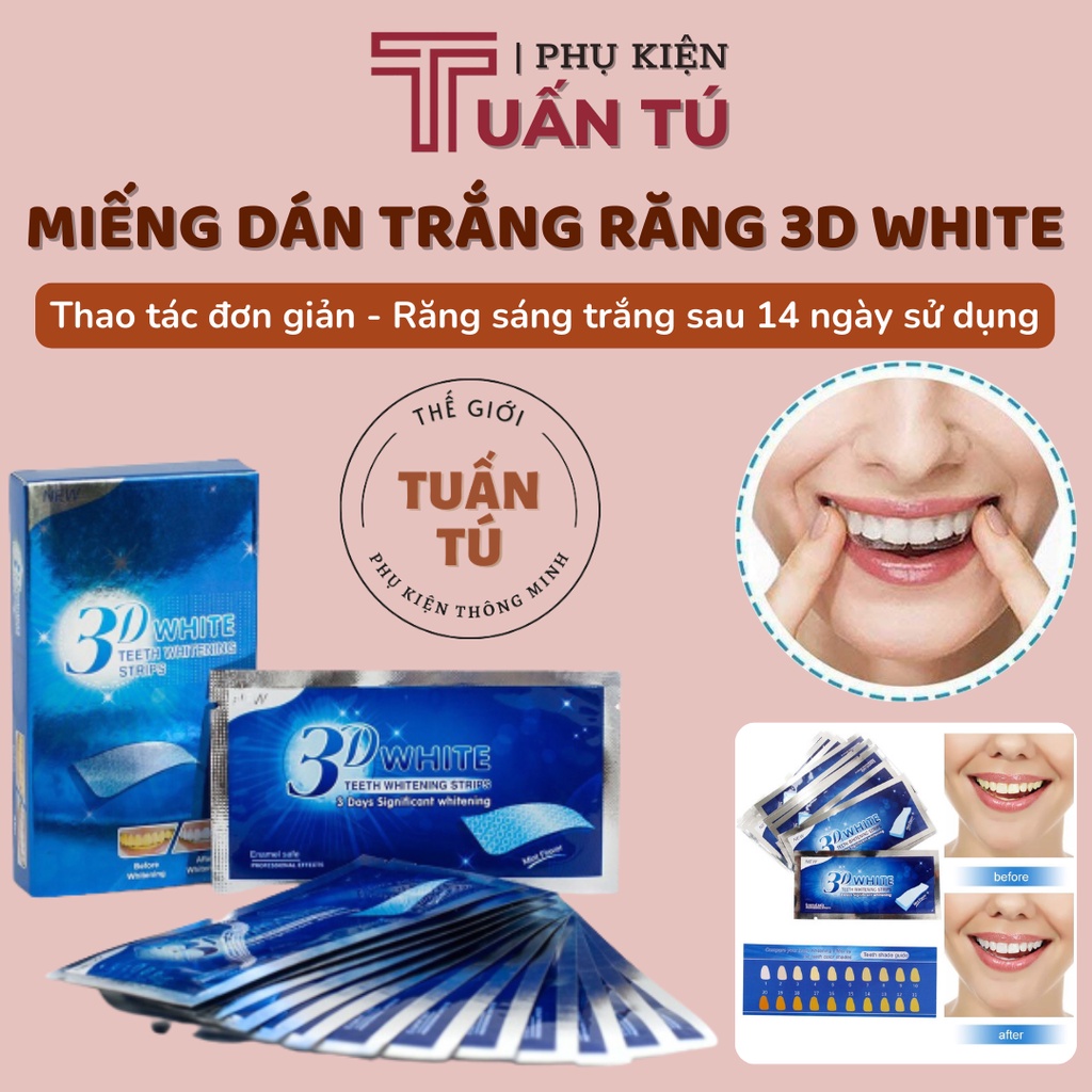 Hộp 14 miếng dán trắng răng 3D White Teeth Whitening Strips tiện lợi - dán tẩy trắng răng hộp 7 gói - Tuấn Tú Case