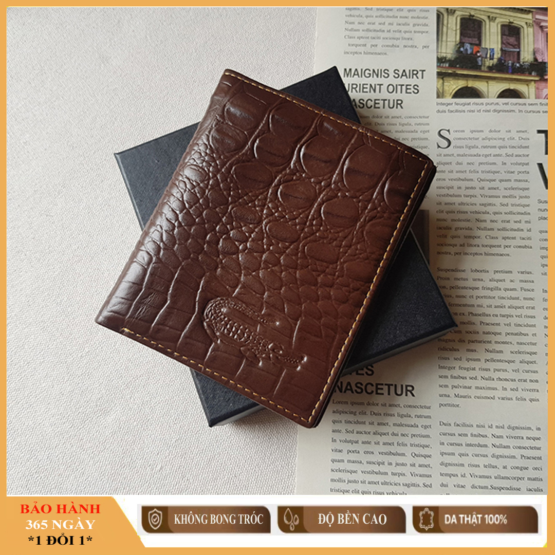 Bóp nam da bò dập vân cá sấu V.90S, Kiểu ví nam dáng đứng, phong cách Hàn Quốc sang trọng lịch lãm, họa tiết da cá sấu, 3 màu (Nâu, đen, vàng bò)