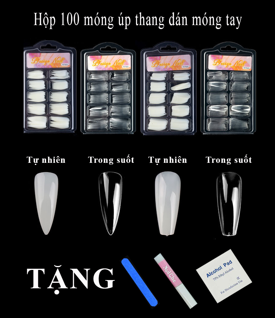 Hộp 100 móng úp thang dán móng tay tặng kèm keo,dũa,miếng pad khử khuẩn chùi sạch móng