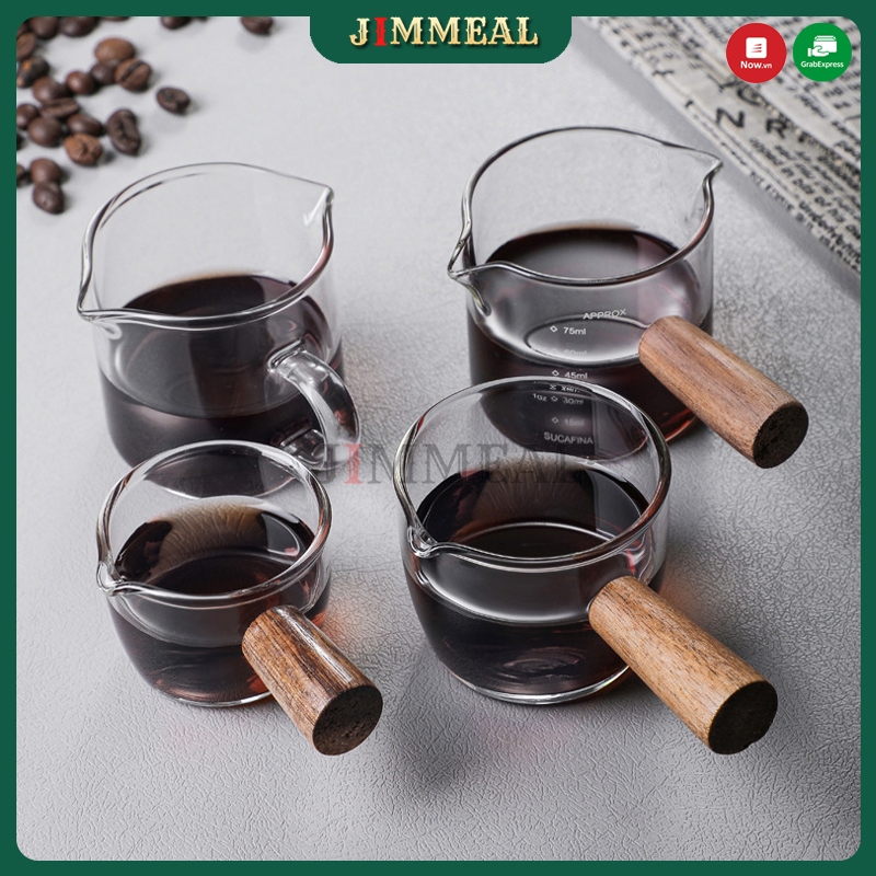 Cốc đong , ly đong cafe espresso, ca đong , ca rót thủy tinh có vạch định lượng, tay cầm gỗ tiện lợi 50-75-100ml