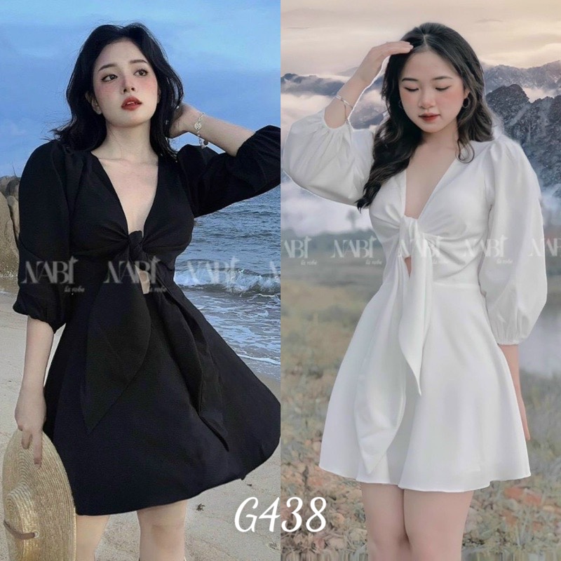 Đầm xoè nữ tay lở phổng cột nơ cổ chất liệu voan lụa g438