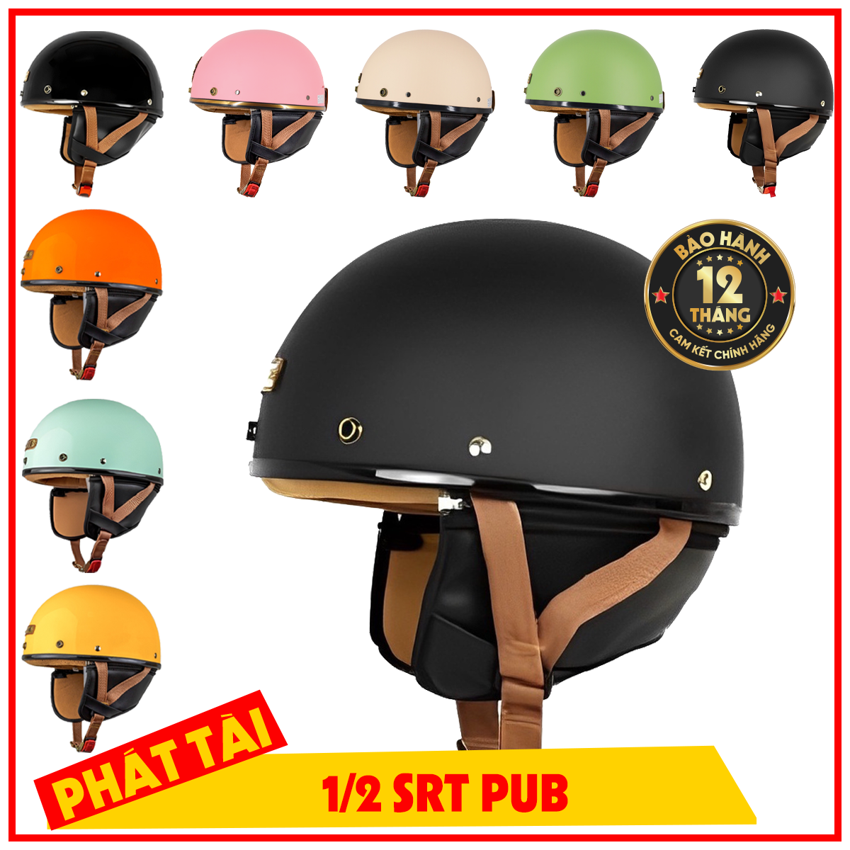 Mũ bảo hiểm 1/2 varo pub nhiều màu có ốp tai kèm kính phi công, kính uv 7 màu