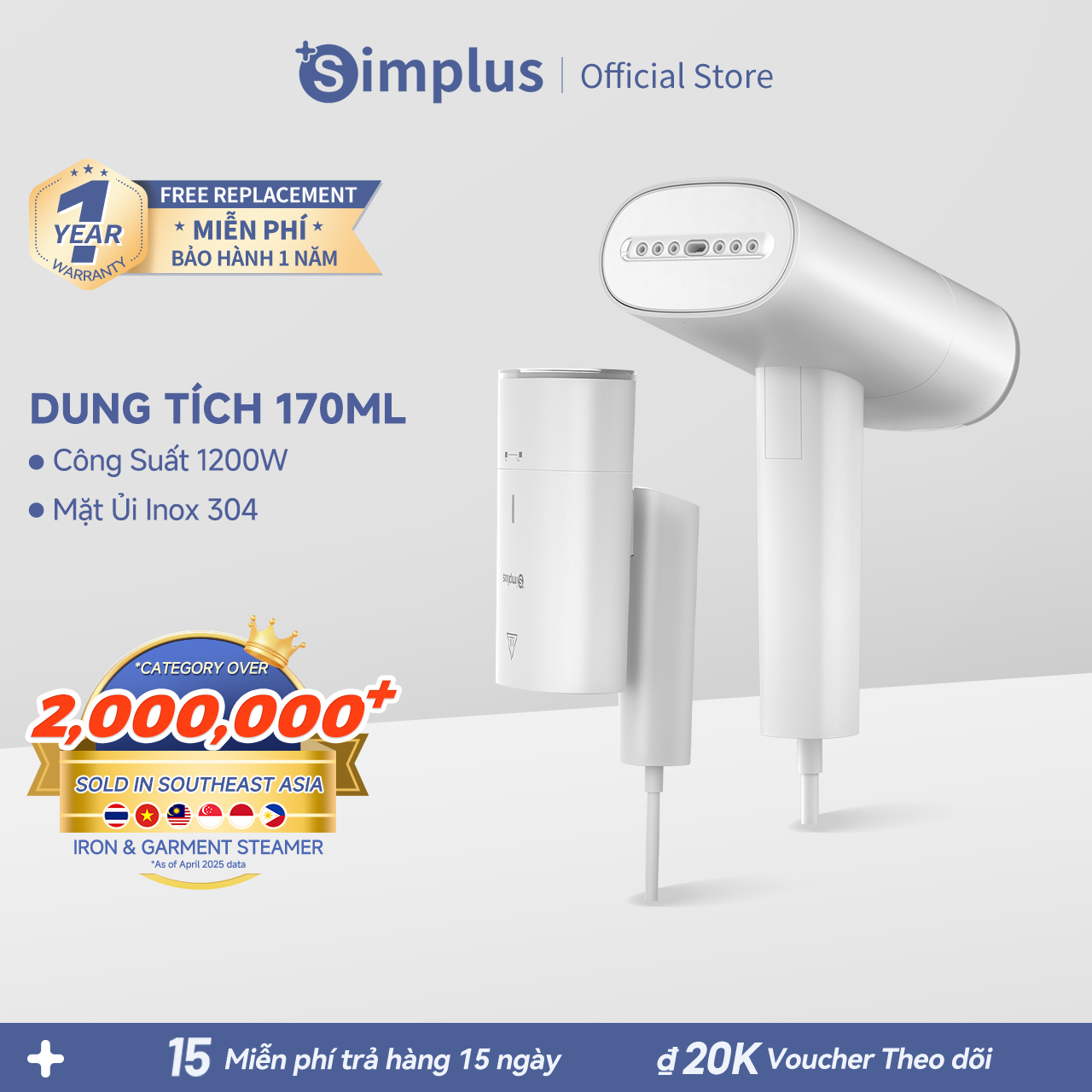   New Arrival  Simplus Máy hấp quần áo cầm tay công suất cao 1200w bàn ủi hơi nước máy hấp quần áo- Bảo hành 1 năm 1 đổi 1 