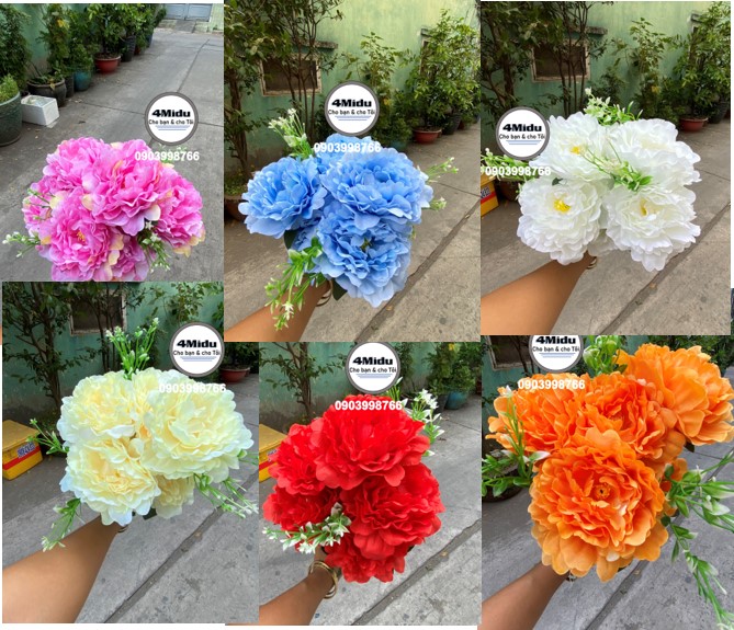 Cành hoa mẫu đơn 7 bông loại 1 cao cấp dài 52cm đủ màu - Hoa giả trang trí