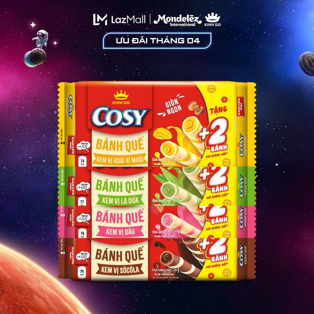 Combo 4 Bánh Quế Cosy 4 Vị Ngẫu Nhiên (Socola, Xoài Xí Muội, Lá Dứa, Dâu)