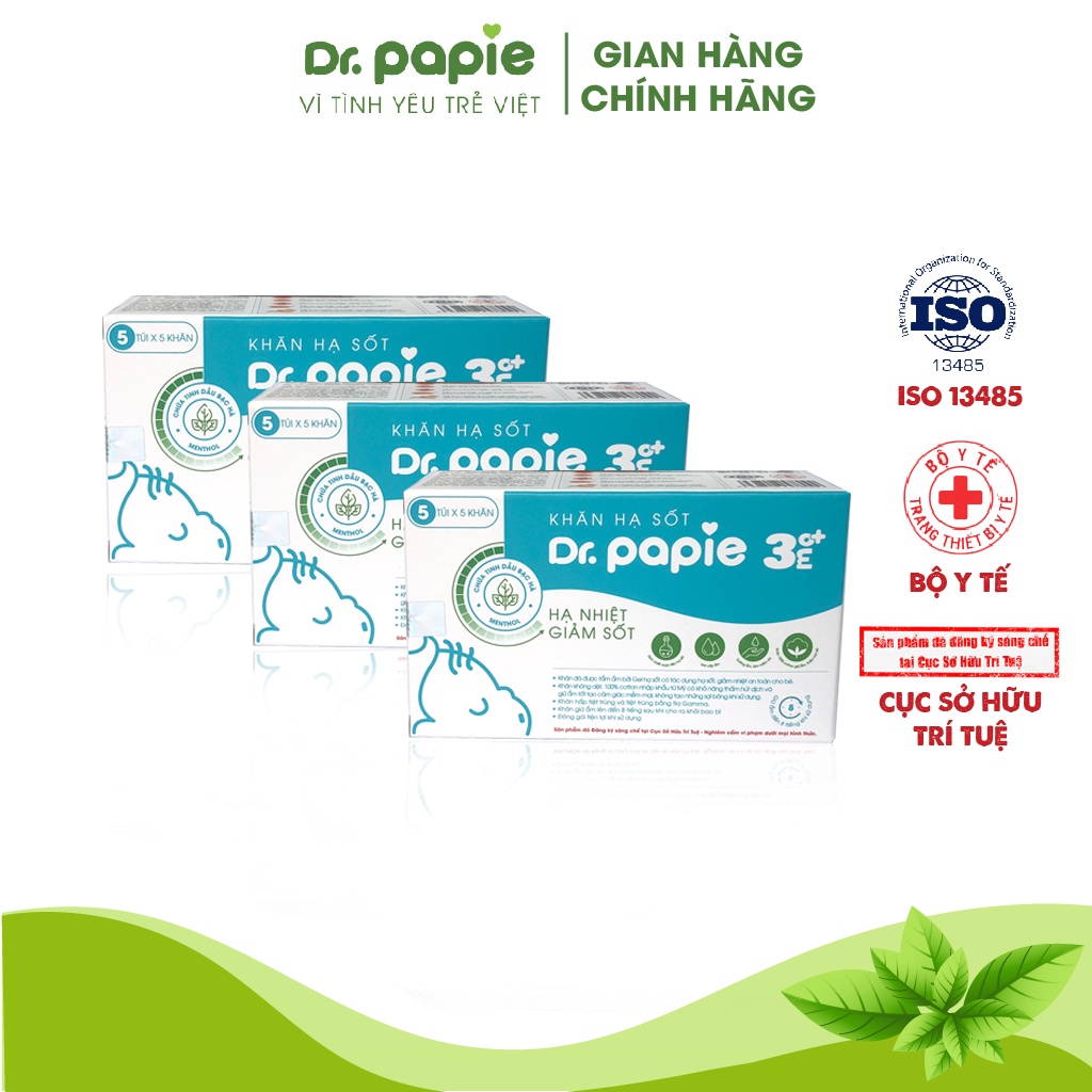 Combo 3 hộp khăn dr papie 3+ thải nhiệt hạ sốt chuẩn nhi khoa cho bé hạ nhiệt giảm sốt ngăn ngừa co giật