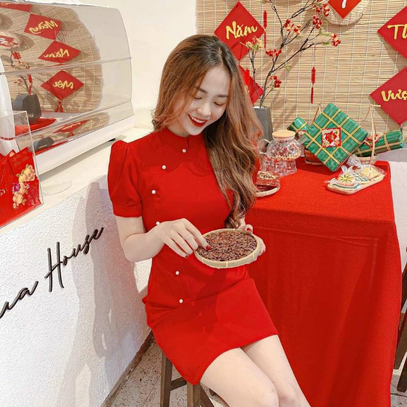 Đầm dáng ngắn cổ tàu đóng cườm siêu xinh thích hợp đi chơi, đi tiệc, đi xuân