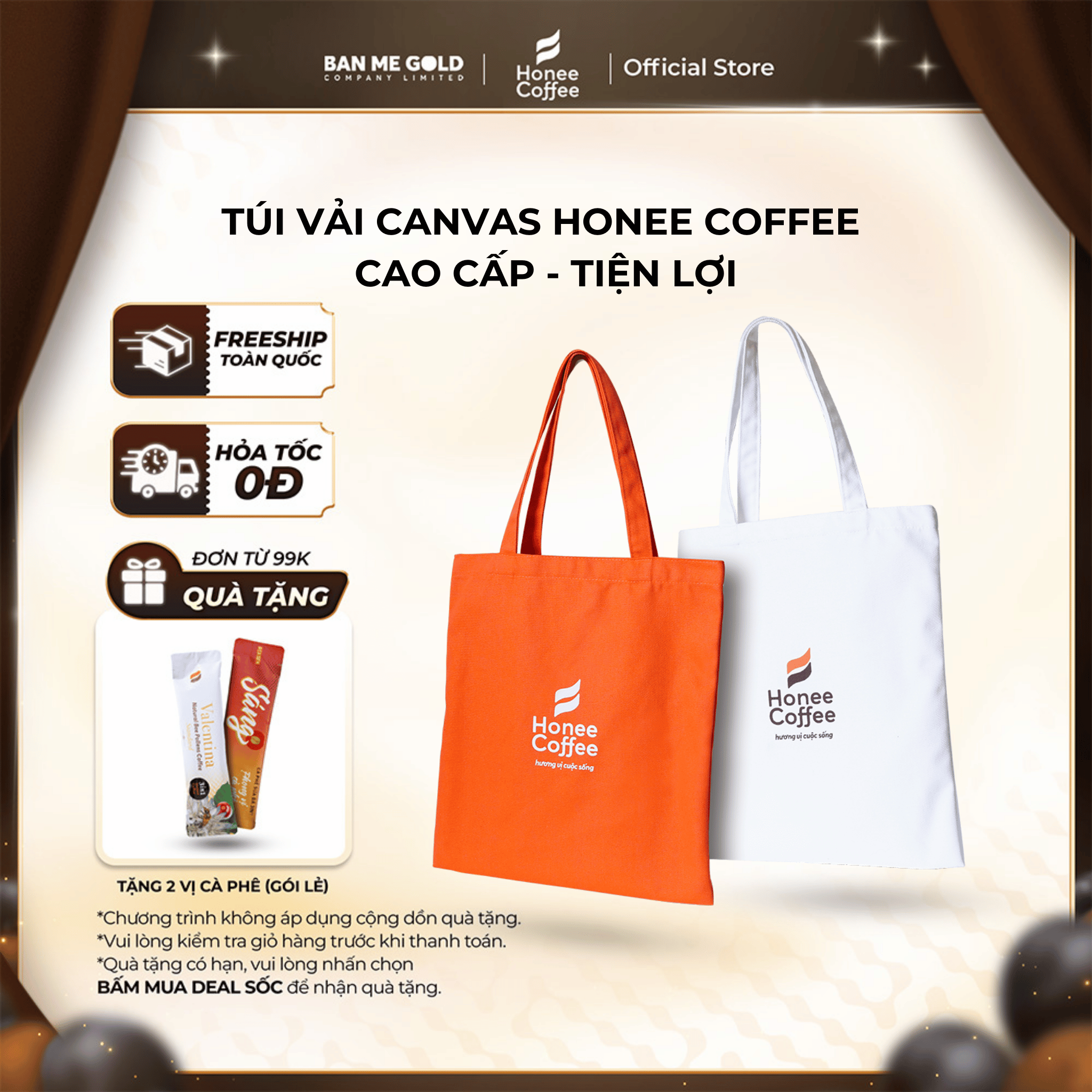  Túi Vải Canvas Honee Coffee  Cao Cấp - Đa Năng - Tiện Lợi - Siêu Dày Dặn Chính Hãng Ban Me Gold 