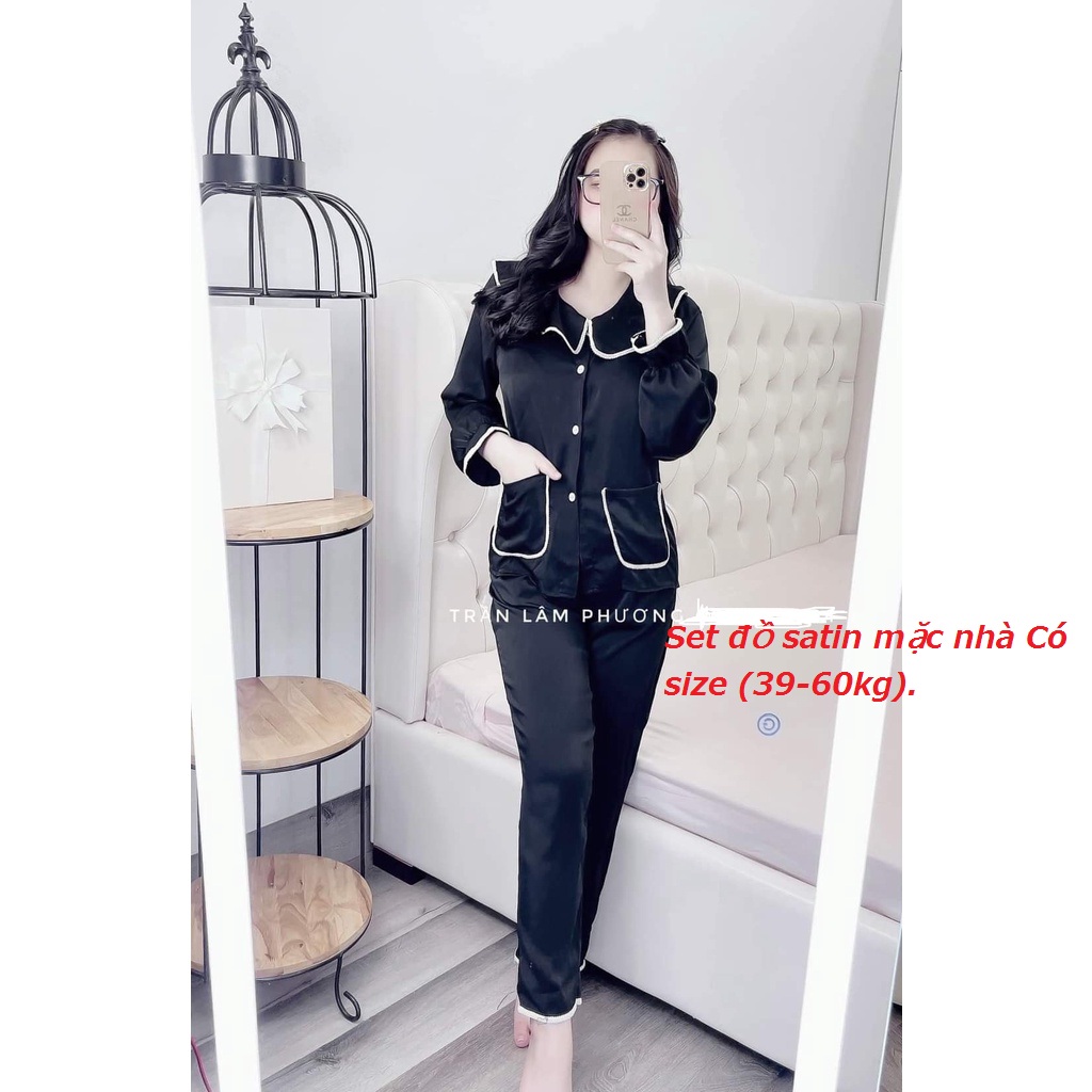 Set bộ lụa SATIN tiểu thư viền ren sang trọng tay ngắn quần dài-Hàng thiết kế size.