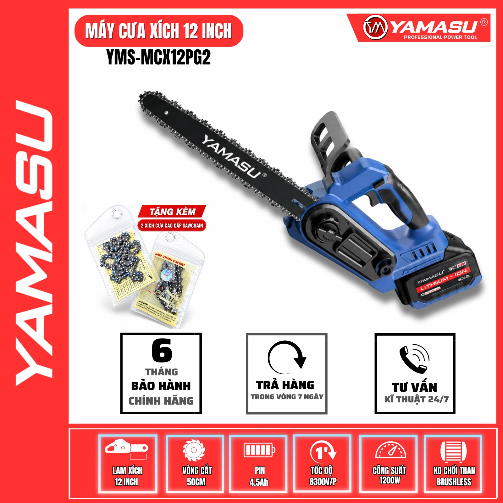 Máy Cưa Xích Pin Cưa Gỗ Lam 12inch YAMASU Bơm Nhớt Tự Động Có Báo Pin Điện Tử MCX12PG2