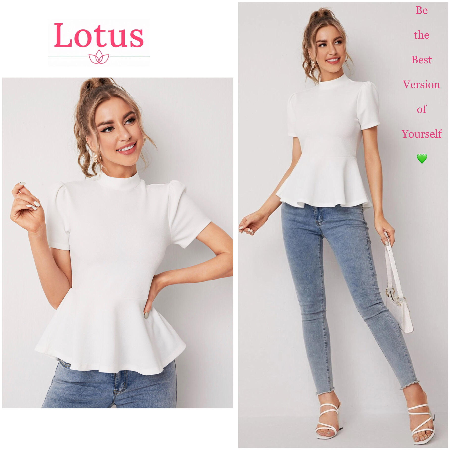 Lotus] Áo Kiểu Nữ Peplum Tôn Dáng, Dây Kéo Lưng Đẹp/ Áo Thun Ôm Eo Dáng Xoè Thanh Lịch/ Sơ Mi Công Sở Tay Ngắn Màu Trắng Sang Trọng, Lịch Sự