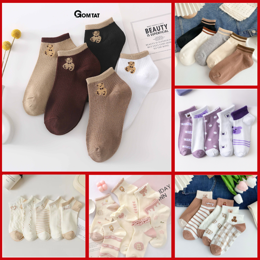  Set 5 đôi vớ chân nữ cổ ngắn GOMTAT hoạ tiết nhiều màu combo tất nữ cổ ngắn thời trang hàn quốc siêu dễ thương - CBNGAN 