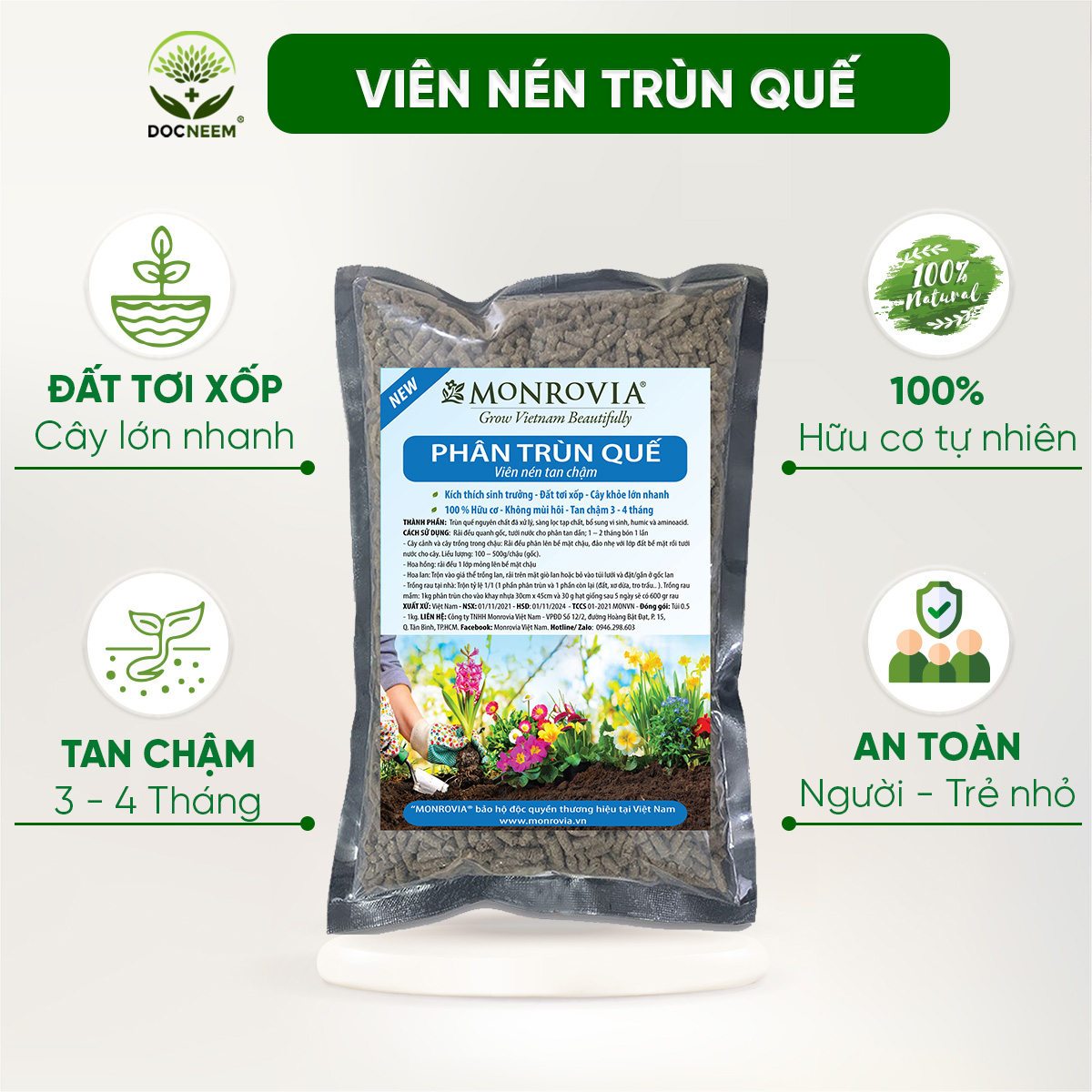 Phân trùn quế MONROVIA viên nén tan chậm hữu cơ bón cho hoa cây cảnh, rau củ quả