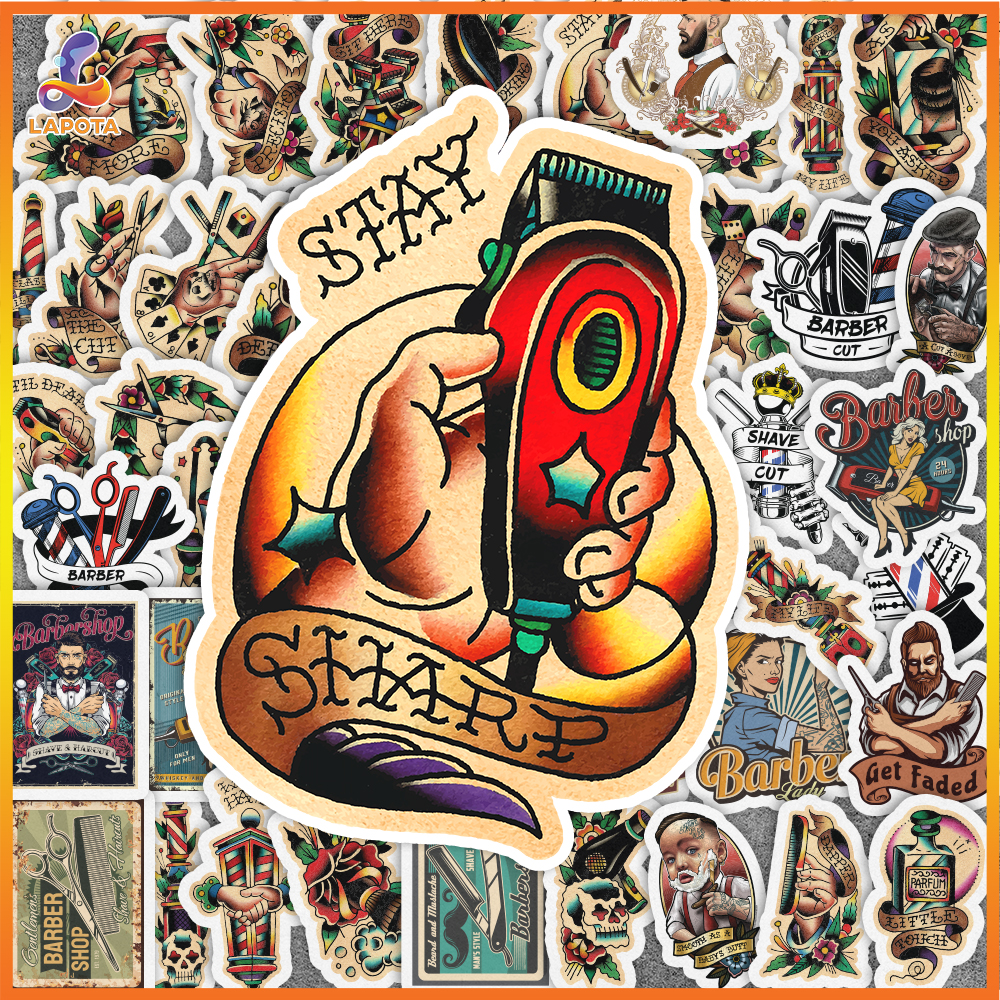 Set 50 cái Sticker Baber chống nước, hình dán Baber retro vintage dán vali, điện thoại, laptop