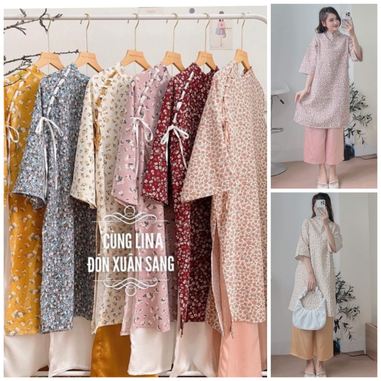 Set áo dài cách tân hoa nhí mặc Tết