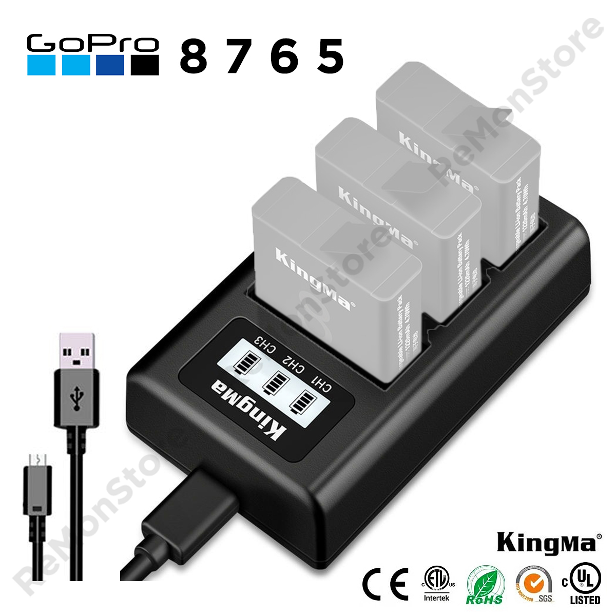 Đốc sạc 3 pin cổng USB GoPro Hero 8 7 6 5 KingMa dòng Dock sạc có màn hình hiển thị dung lượng pin