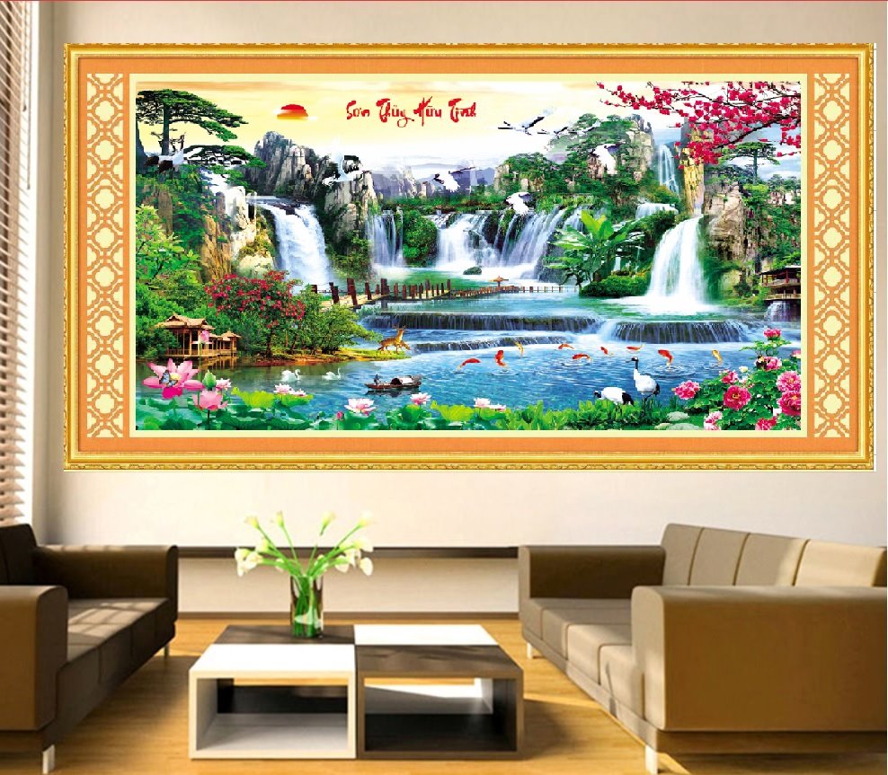 [Tặng kéo] Tranh thêu kín phong cảnh Sơn Thủy Hữu Tình MN0060 (150x72cm)-  tranh chưa thêu