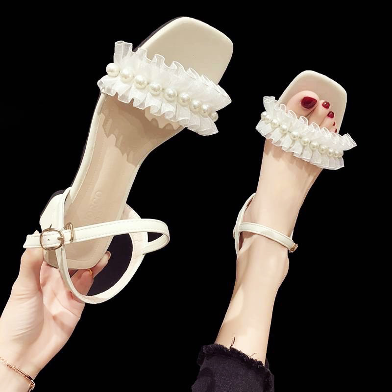 Cao gót nữ đế 4P sandal nữ đính ren ngọc tiểu thư sang chảnh