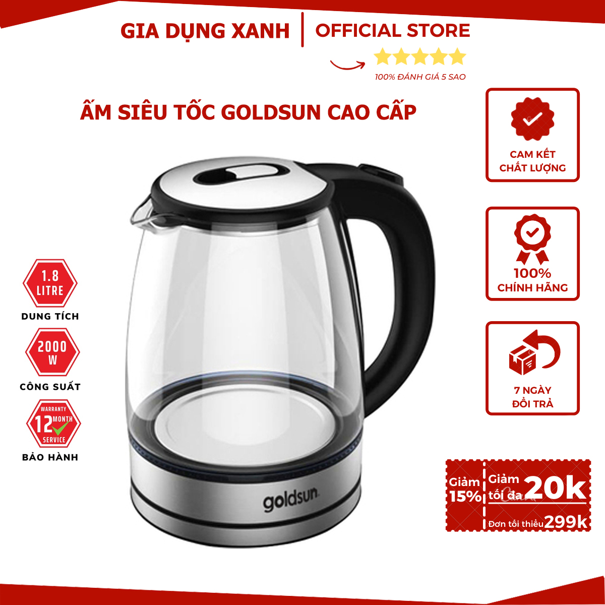 Ấm siêu tốc, ấm đun nước thủy tinh goldsun ch2701 1.8 lít, bảo hành 12 tháng, lỗi 1 đổi 1 mới, mua ngay!