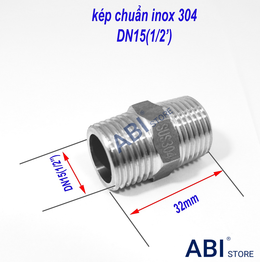 Nối 2 đầu ren 21, kép inox 304 chuẩn xịn dn15, kép nối ren ngoài