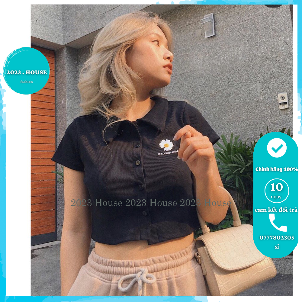 Áo crotop polo thêu hoa 2023 House