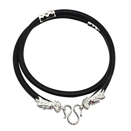 Dây chuyền nam cao su bọc đầu rồng bạc - Dây da đen bọc bạc thật