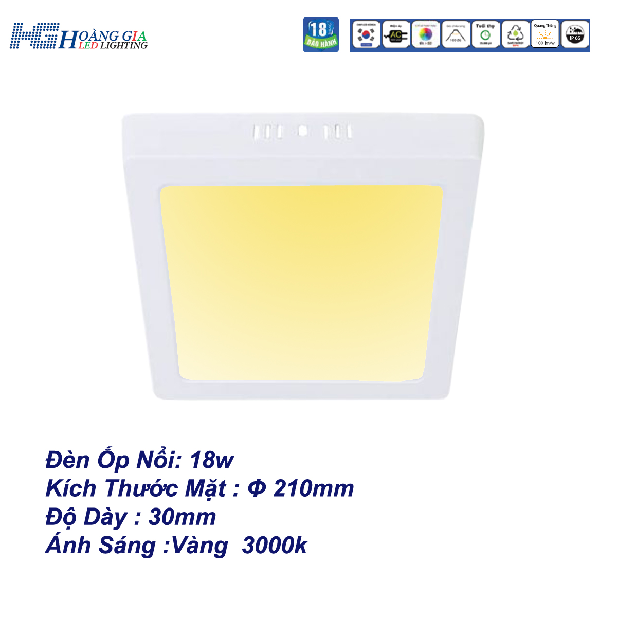 Đèn Led Ốp Nổi 18W Vuông Ánh Sáng Vàng