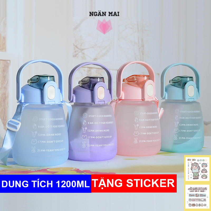 Bình Nước Dung Tích 1200ml Nhỏ Xinh Siêu Cute, Bình Nước Nhựa Có Quai Xách Và Ôsng Hút Cực Xinh Tặng Kèm Miếng Dán Sticker
