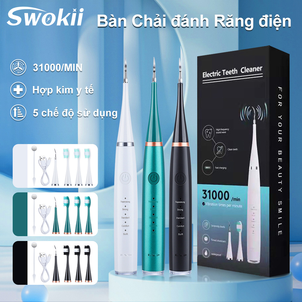 Swokii Bàn chải đánh răng điện, Bàn chải đánh răng điện trẻ em, bàn trải đánh răng điện, Với 5 chế độ, Pin 500mAh tích hợp