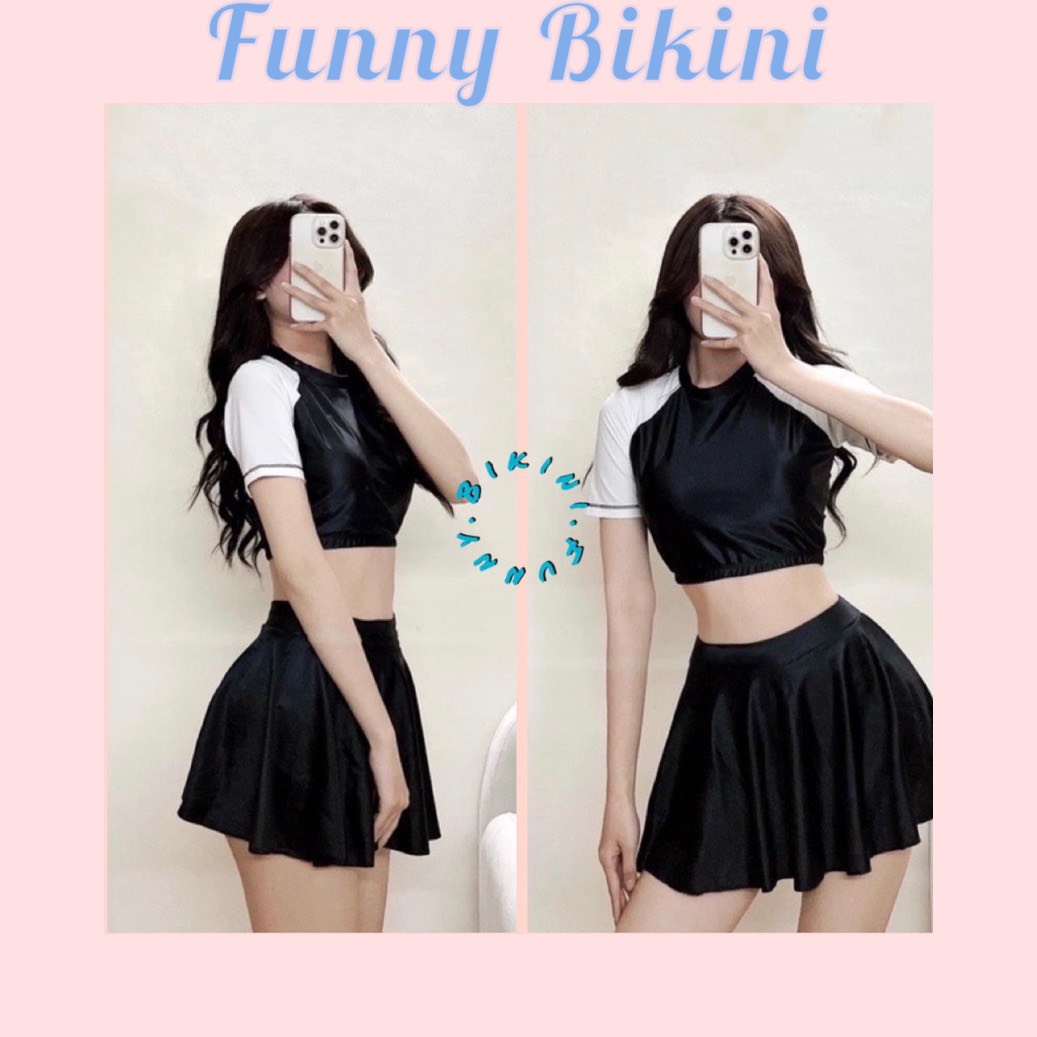 [Size M,L,XL]Bikini đồ bơi nữ đi biển 2 mảnh crop-top mix chân váy phong cách Hàn Quốc FUNNY BIKINI MS-P08