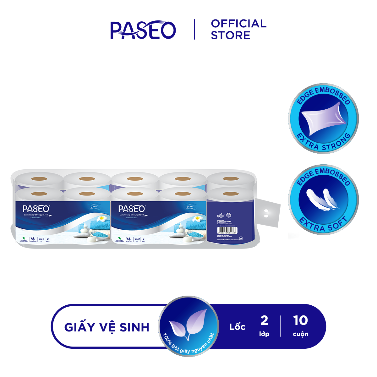 Giấy vệ sinh cao cấp Paseo dai, mềm mịn (10 cuộn 2 lớp)/lốc