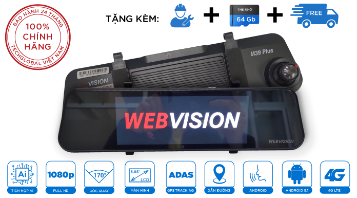 Camera hành trình webvision m39 plus ra lệnh bằng giọng nói- tặng thẻ 64gb + sim 4g