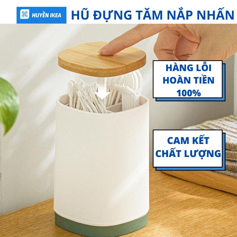 Lọ hộp đựng tăm nắp gỗ nhấn