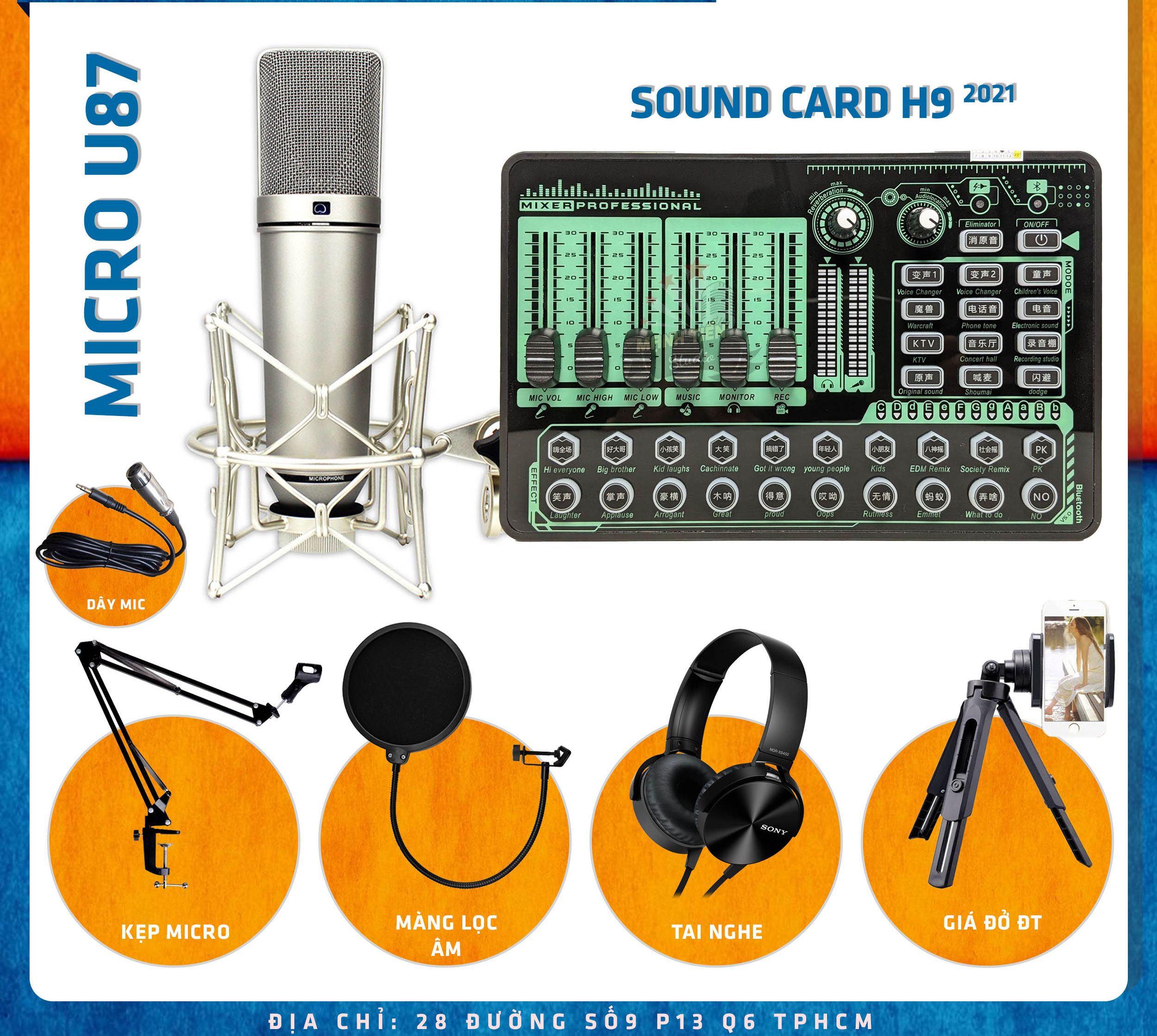 Combo Sound Card H9 2021 Và Micro U87-MA87-COMBO HÁT KARAOKE,COMBO LIVESTREAM CHUYÊN NGHIỆP.MA-87Khả năng chống nhiễu,lọc gió cao cấp.Sound card H9 2021 Tương thích với nhiều dòng micro thu âm 5v Chế độ giả giọng,Autotune chỉnh tông nhạc