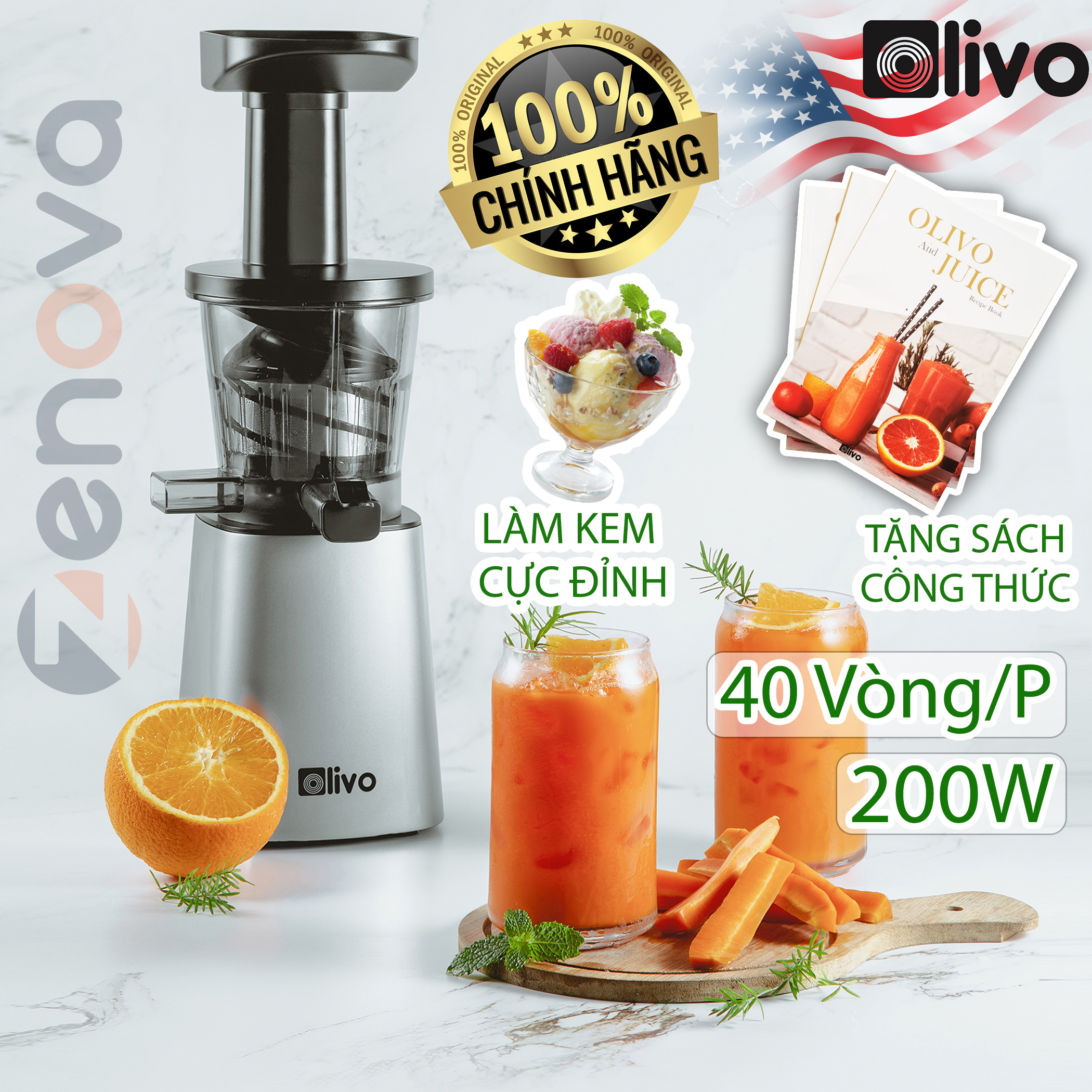 Máy Ép Chậm Olivo SJ210 [CHÍNH HÃNG - BH 24 THÁNG] Máy Ép Rau Củ Quả, Máy Ép Đậu Nành, Làm Kem, Ép Kiệt Bã 100%