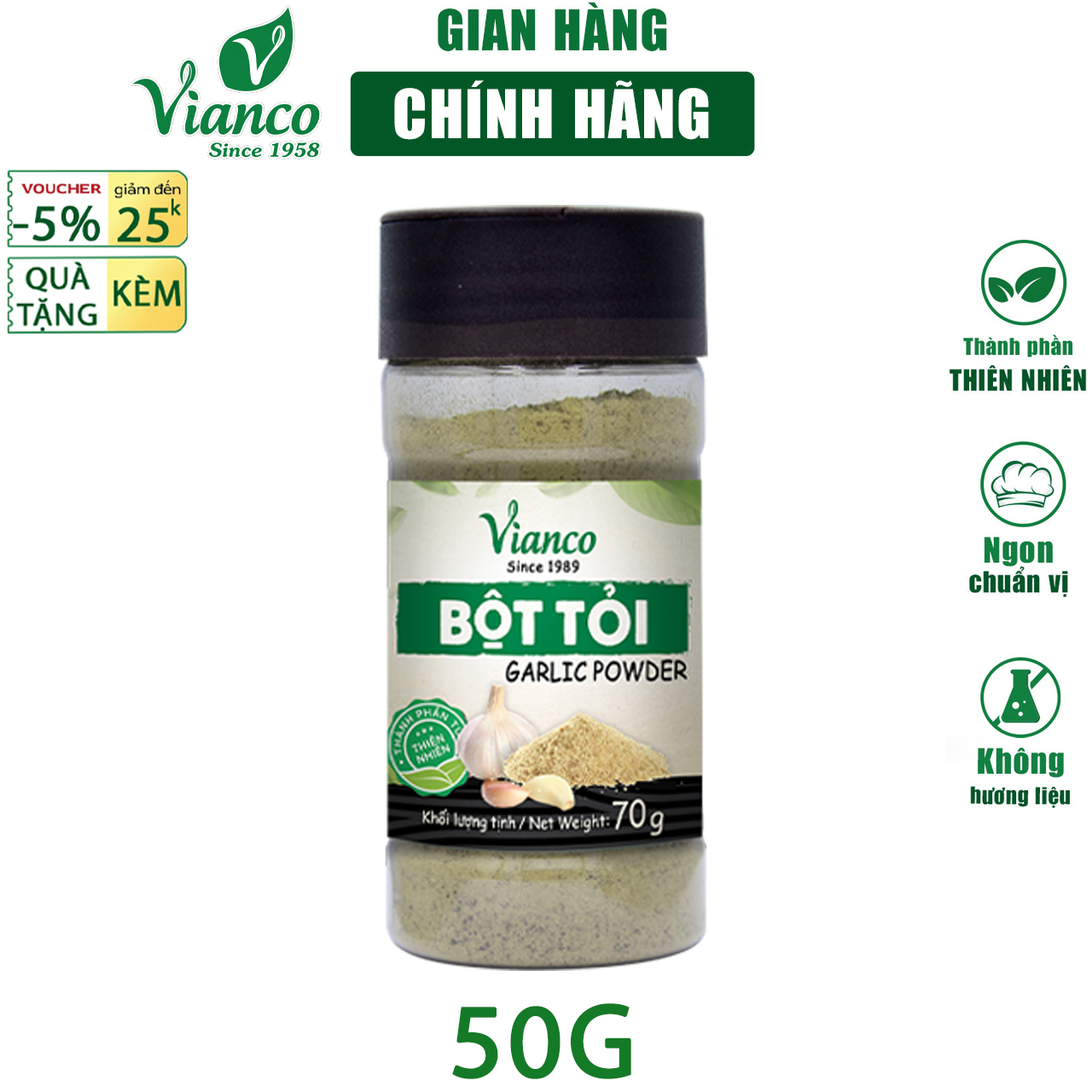 Bột Tỏi Vianco hủ 70g gia vị tự nhiên nguyên chất 100% không chất bảo quản tốt cho sức khỏe - Gia vị Việt Ấn