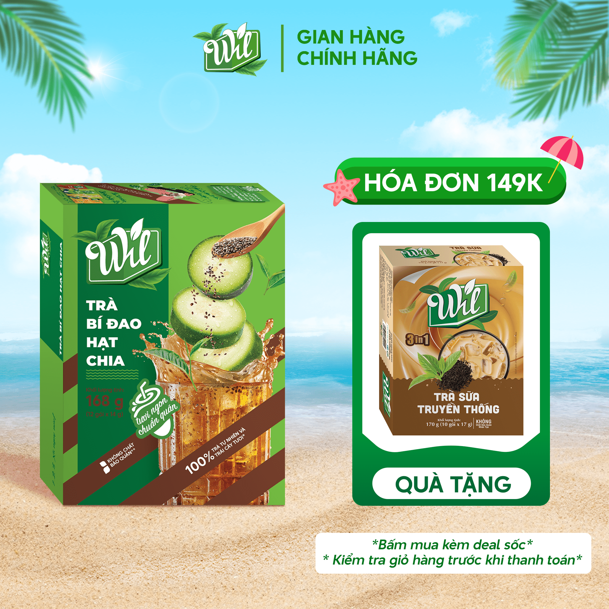Trà bí đao hạt chia Wil trà hòa tan giải nhiệt thanh lọc cơ thể hộp 168g (12 gói x 14g)