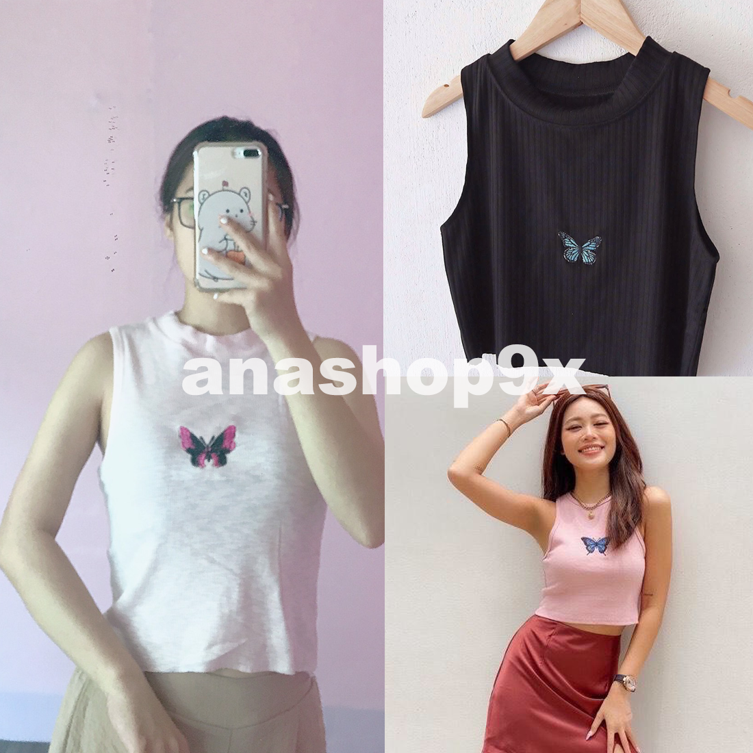 Áo croptop họa tiết bướm thêu/ Áo ba lỗ nữ ôm body (đen, trắng, hồng) anashop9x